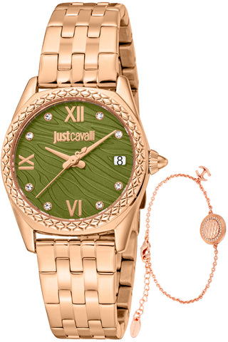 Front view of Just Cavalli SET JC1L312 Indomitable Animalier JC1L312M0085 Green Dial Rose Gold Stainless Steel Womens Watch on white background