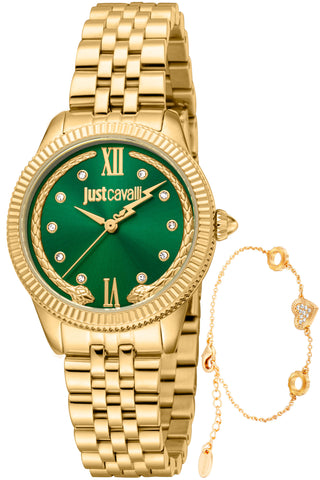 Front view of Just Cavalli SET JC1L315 Lovestruck Valentines JC1L315M0065 Green Dial Gold Stainless Steel Womens Watch on white background