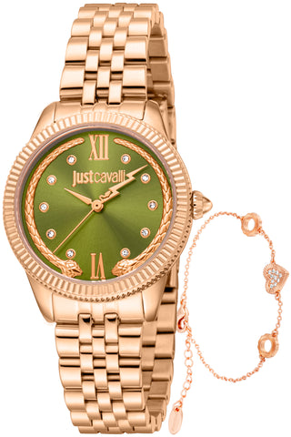 Front view of Just Cavalli SET JC1L315 Lovestruck Valentines JC1L315M0075 Green Dial Rose Gold Stainless Steel Womens Watch on white background