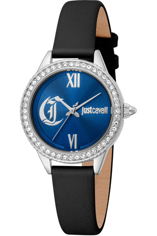 Front view of Just Cavalli Glam Chic JC1L316 Forward JC1L316L0015 Blue Dial Black Leather Womens Watch on white background