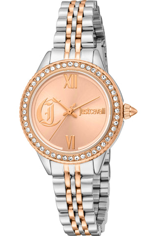 Front view of Just Cavalli Glam Chic JC1L316 Forward JC1L316M0105 Rose Gold Dial Grey Stainless Steel Womens Watch on white background