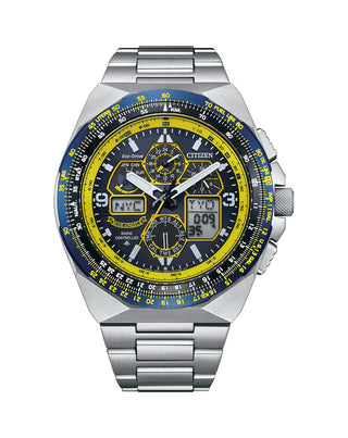 Front view of Citizen Promaster Chronograph JY8125-54L Blue Dial Steel Stainless Steel Mens Watch on white background