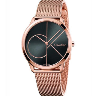 Front view of Calvin Klein Minimal K3M21621 Black Dial Rose Gold Stainless Steel Mens Watch on white background