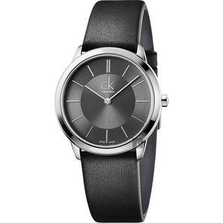 Front view of Calvin Klein Minimal K3M221C4 Grey Dial Black Leather Mens Watch on white background