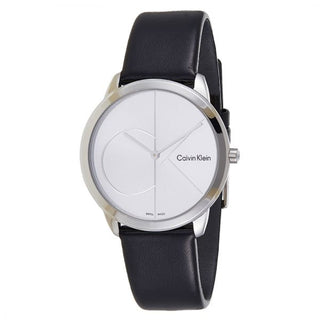 Front view of Calvin Klein Minimal K3M221CY Silver Dial Black Leather Mens Watch on white background