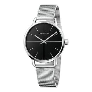 Front view of Calvin Klein Even Chronograph K7B21121 Black Dial Silver Stainless Steel Womens Watch on white background