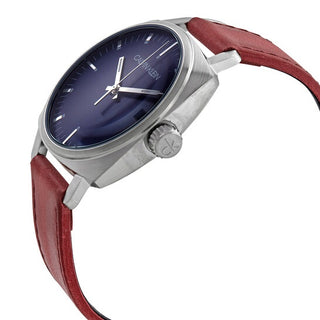 Angle shot of Calvin Klein Fraternity K9N111ZN Blue Dial Leather Unisex Watch on white background