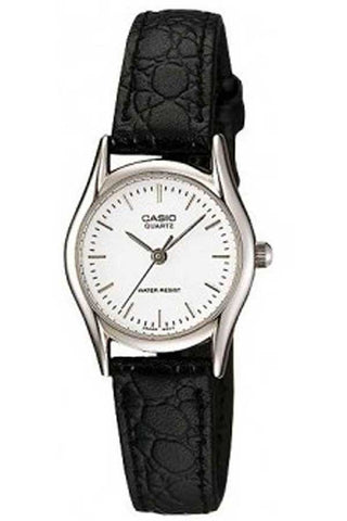 Front view of Casio Collection LTP-1094E-7A White Dial Black Leather Womens Watch on white background