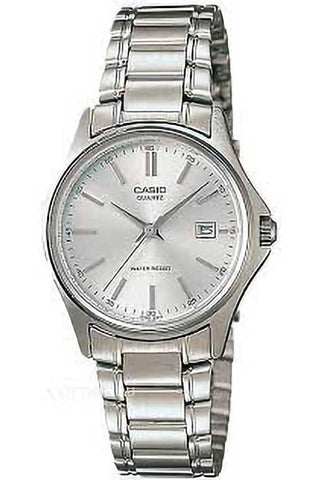 Front view of Casio Collection LTP-1183A-7A White Dial Grey Stainless Steel Womens Watch on white background