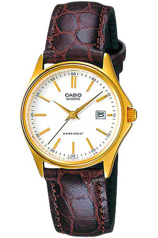 Front view of Casio Collection LTP-1183Q-7A White Dial Brown Leather Womens Watch on white background