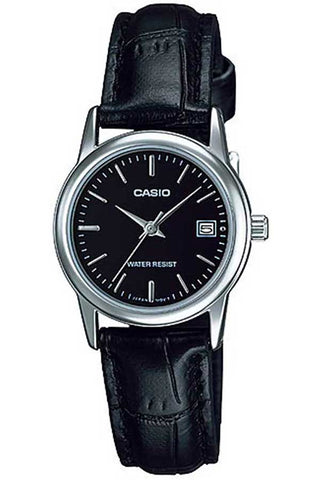 Front view of Casio Collection LTP-V002L-1A Black Leather Womens Watch on white background