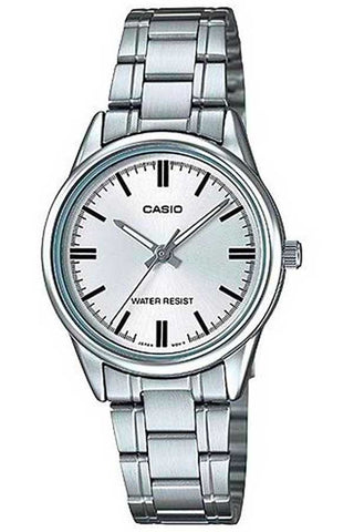 Front view of Casio Collection LTP-V005D-7A White Dial Grey Stainless Steel Womens Watch on white background