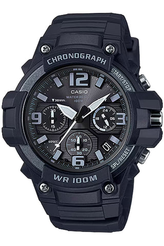 Front view of Casio Collection Chronograph MCW-100H-1A3 Black Resin Mens Watch on white background