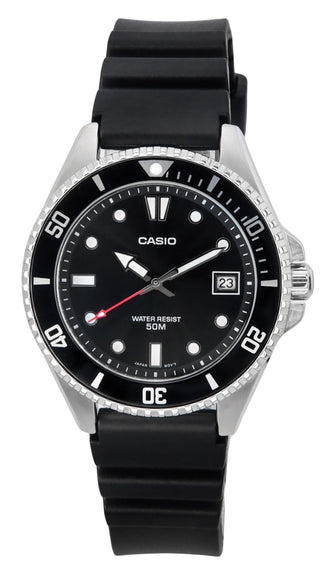 Front view of Casio Collection MDV-10-1A1 Black Rubber Mens Watch on white background