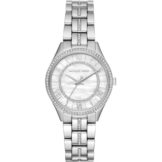 Front view of Michael Kors Lauryn M MK3900 Mother Of Pearl Dial Silver Stainless Steel Womens Watch on white background