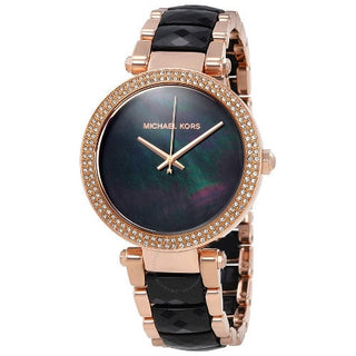 Front view of Michael Kors Parker M MK6414 Black Dial Multicolour Stainless Steel Womens Watch on white background