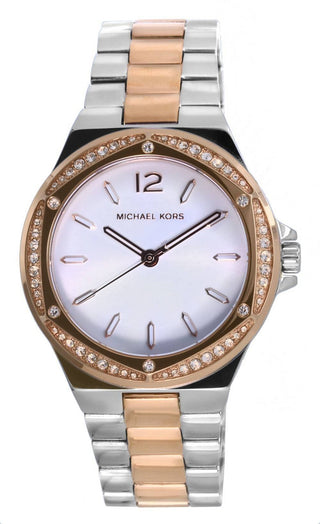 Front view of Michael Kors Lennox MK6989 Womens Watch on white background