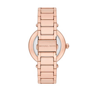 Angle shot of Michael Kors Parker MK7286 Rose Gold Stainless Steel Womens Watch on white background