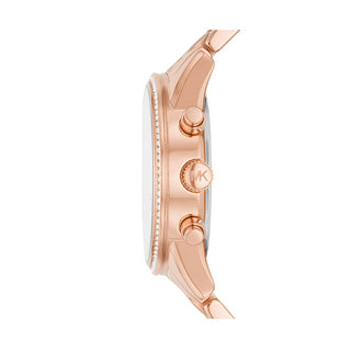 Angle shot of Michael Kors Ritz Chronograph MK7302 Rose Gold Stainless Steel Womens Watch on white background