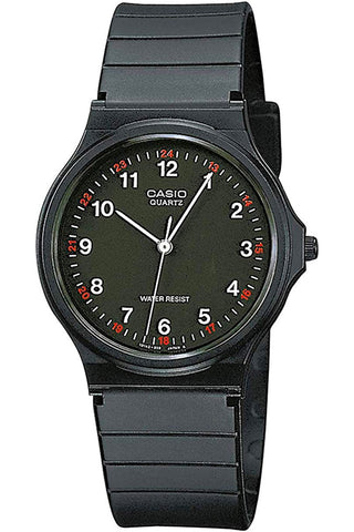 Front view of Casio Collection MQ-24-1BLLEG Black Resin Mens Watch on white background