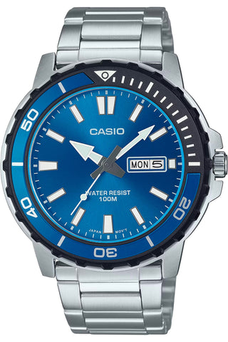 Front view of Casio Collection MTD-125D-2A1 Blue Dial Grey Stainless Steel Mens Watch on white background