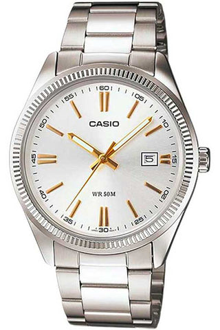 Front view of Casio Collection MTP-1302D-7A2 White Dial Grey Stainless Steel Mens Watch on white background