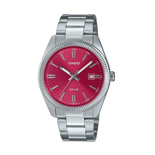 Front view of Casio Collection MTP-1302PD-4AVEF Red Dial Grey Stainless Steel Mens Watch on white background