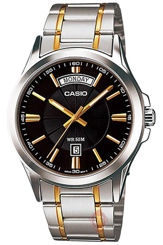 Front view of Casio Collection MTP-1381G-1A Black Dial Gold Stainless Steel Mens Watch on white background