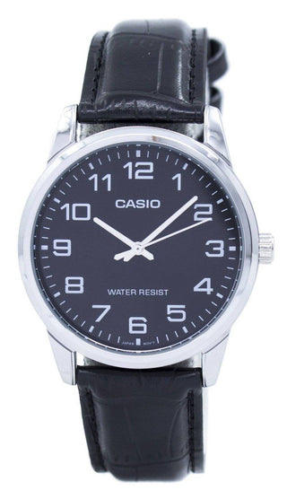 Front view of Casio 3h Silver Black Leather Black MTP-V001L-1BUDF Leather Mens Watch on white background