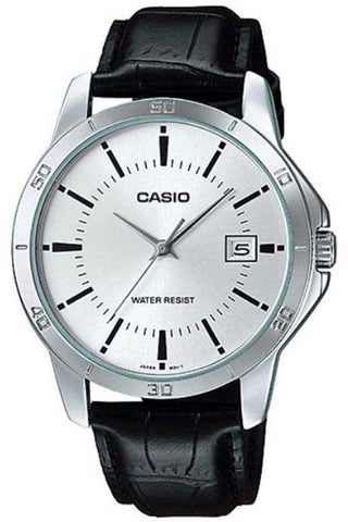 Front view of Casio Collection MTP-V004L-7A White Dial Black Leather Mens Watch on white background