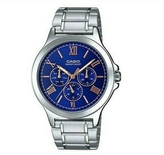 Front view of Casio Collection Chronograph MTP-V300D-2A Blue Dial Grey Stainless Steel Mens Watch on white background