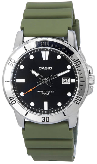 Front view of Casio Collection MTP-VD01-3E Blue Dial Green Rubber Mens Watch on white background