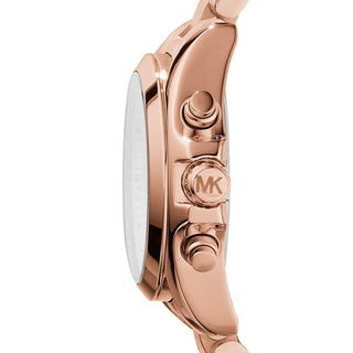 Angle shot of Michael Kors Bradshaw Chronograph MK5799 Rose Gold Stainless Steel Womens Watch on white background