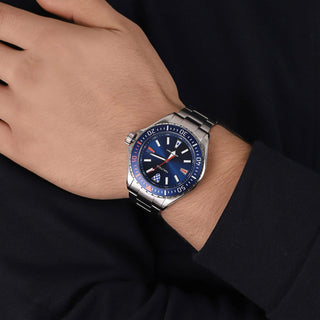 Angle shot of Nautica Crandon Park Beach NAPCPS904 Blue Dial Grey Stainless Steel Mens Watch on white background