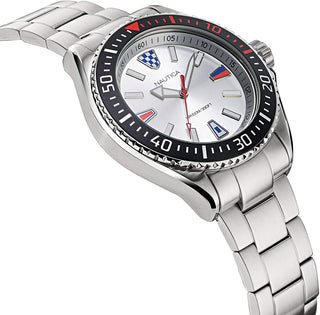 Angle shot of Nautica NAPCPS905 Grey Stainless Steel Mens Watch on white background