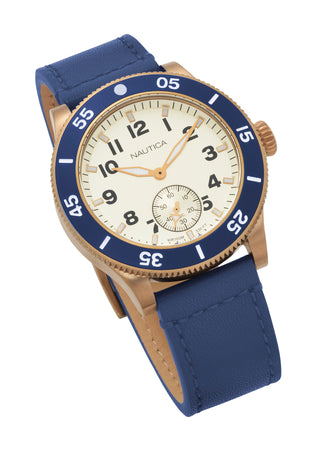 Angle shot of Nautica Huston NAPHST003 Blue Leather Mens Watch on white background