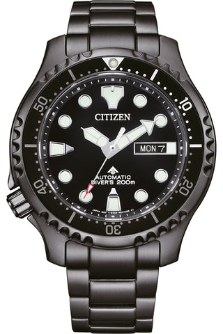 Front view of Citizen Automatic Divers Promaster NY0145-86EE Black Stainless Steel Mens Watch on white background