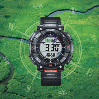 Angle shot of Casio Pro-Trek PRG-340-1ER Black Resin Mens Watch on white background