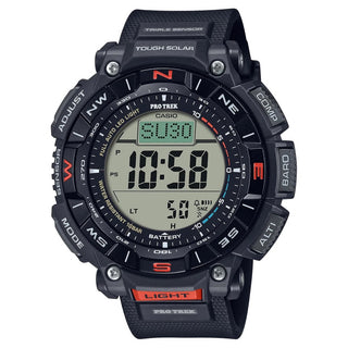 Front view of Casio Pro-Trek PRG-340-1ER Black Resin Mens Watch on white background