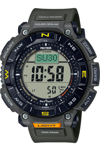 Front view of Casio Pro-Trek PRG-340-3ER Black Dial Green Resin Mens Watch on white background