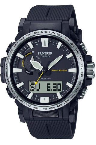 Front view of Casio Pro-Trek PRW-61-1AER Black Resin Mens Watch on white background