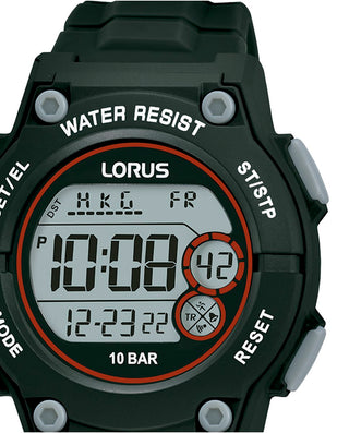 Angle shot of Lorus Sports R2329PX9 Black Rubber Unisex Watch on white background