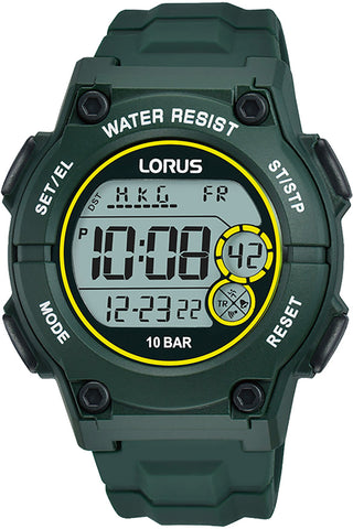 Front view of Lorus Sports R2333PX9 Green Rubber Unisex Watch on white background