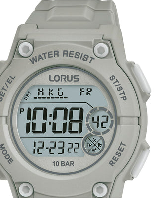 Angle shot of Lorus Sports R2335PX9 Grey Rubber Unisex Watch on white background