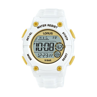 Front view of Lorus Sports R2337PX9 Gold Dial White Rubber Unisex Watch on white background