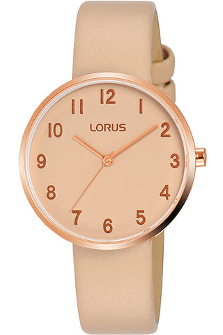 Front view of Lorus Lady RG220SX9 Pink Leather Womens Watch on white background