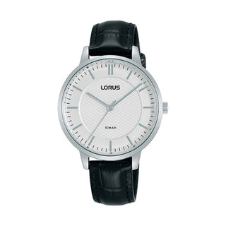 Front view of Lorus Lady RG277TX9 Grey Dial Black Leather Womens Watch on white background