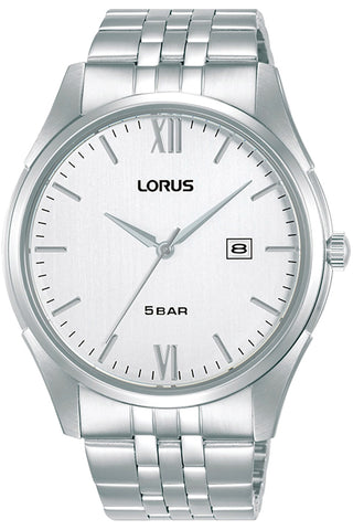 Front view of Lorus Classic RH987PX9 Grey Stainless Steel Mens Watch on white background