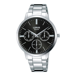 Front view of Lorus Lady RP631DX9 Black Dial Grey Stainless Steel Womens Watch on white background