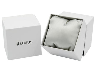 Angle shot of Lorus Lady RP631DX9 Black Dial Grey Stainless Steel Womens Watch on white background